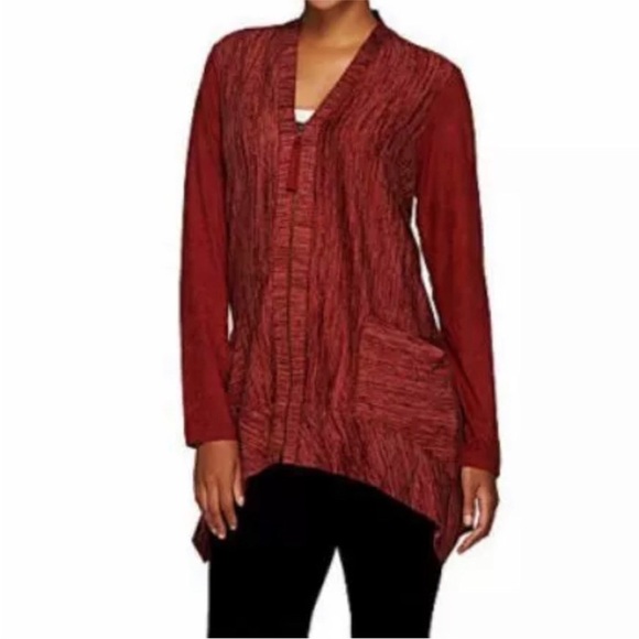 LOGO Lori Goldstein Women’s Asymmetric Cardigan Sweater Size L Maroon Full Zip - Picture 1 of 11